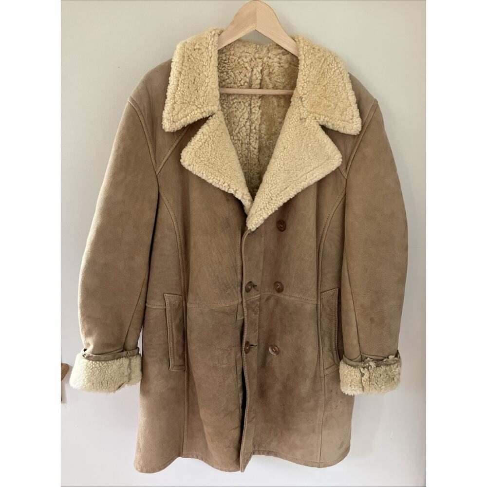 Vtg Genuine Shearling Sheepskin Suede Leather Rancher Marlboro Jacket Coat 46 M